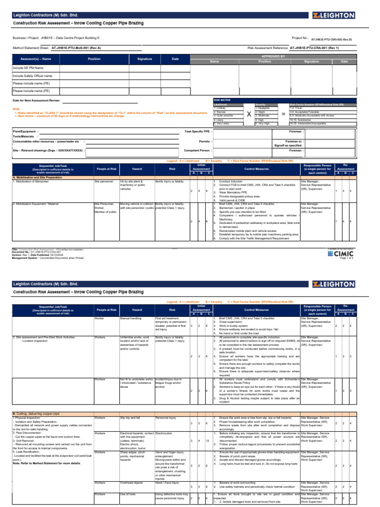Copper Brazing Risk Assessment CL1 | PDF | Risk | Safety
