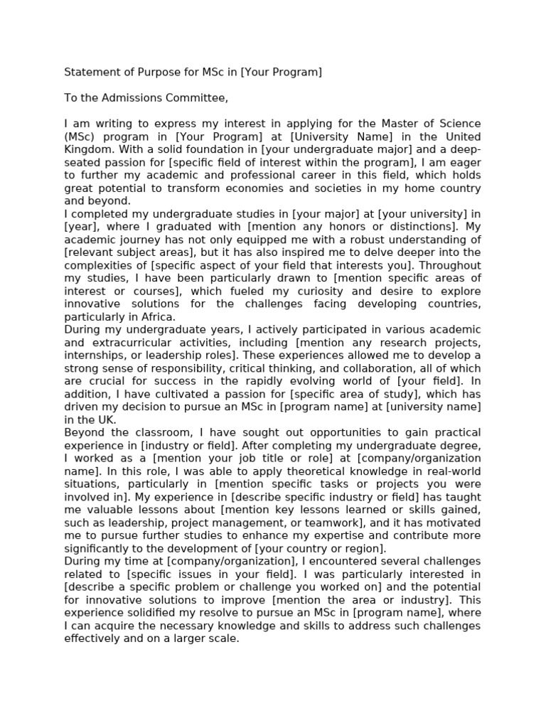 MSc Statement of Purpose Template | PDF | University | Sustainability