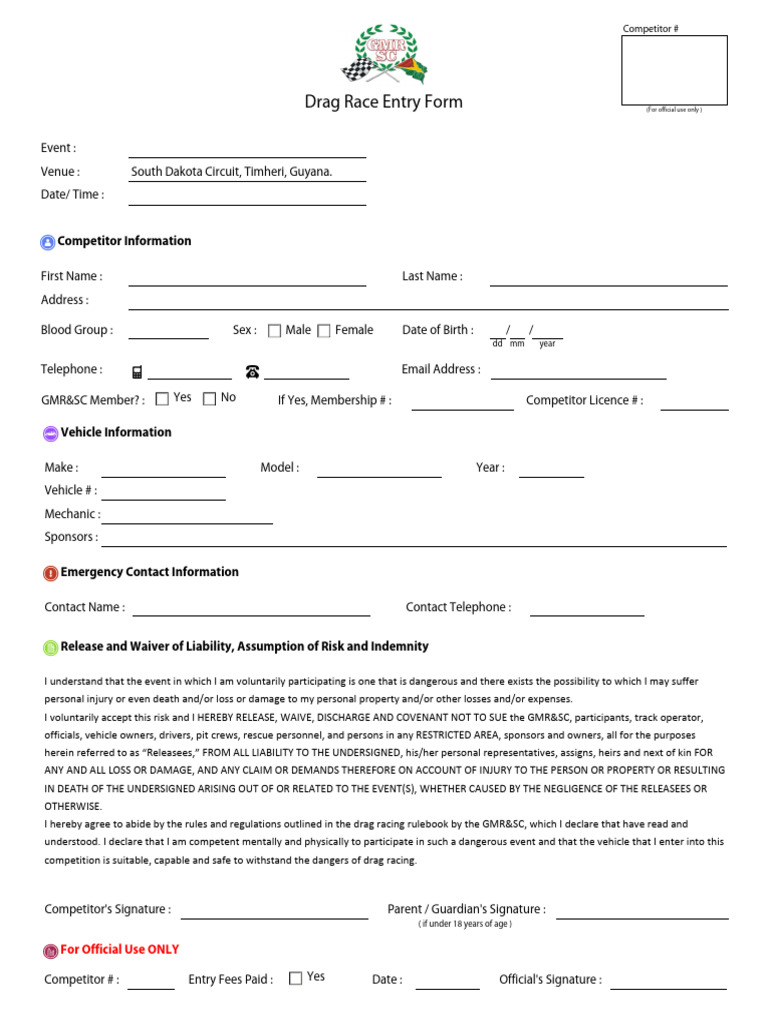 Drag Race Entry Form for Competitors | PDF | Justice | Crime & Violence