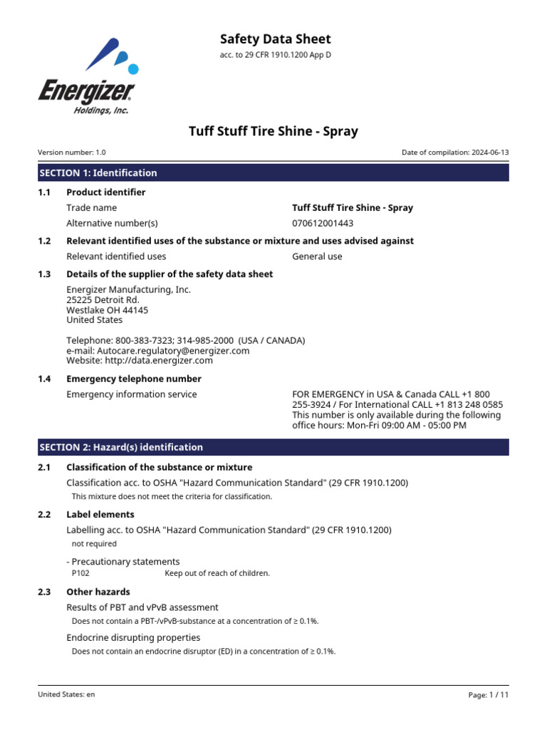 Tuff Stuff Tire Shine Safety Data Sheet | PDF | Toxicity | Dangerous Goods