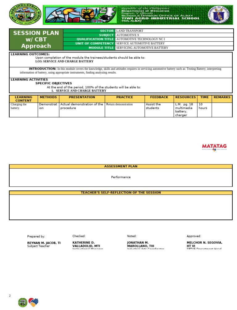 Automotive Battery Servicing Session Plan | PDF