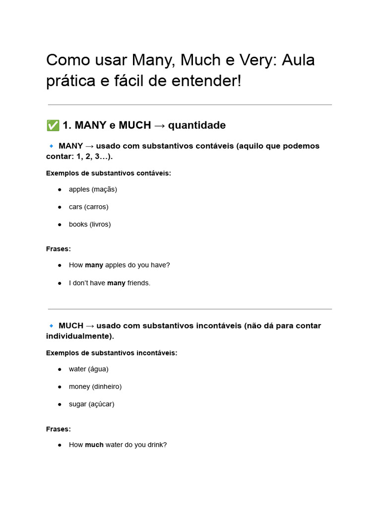 Uso de Many, Much e Very: Guia Prático | PDF