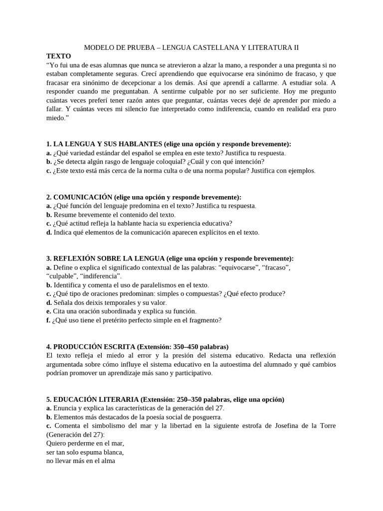 Modelo de Prueba - Lengua Castellana y Literatura Ii | PDF | Lengua ...