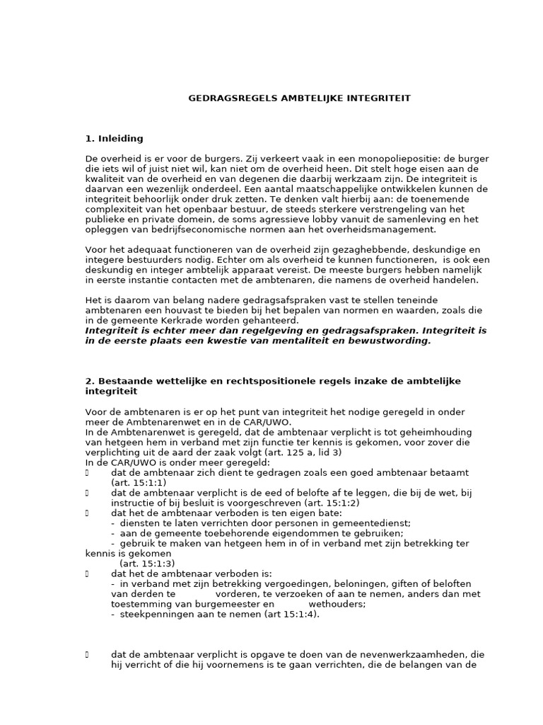 Gedragsregels Ambtelijke Integriteit PDF | PDF