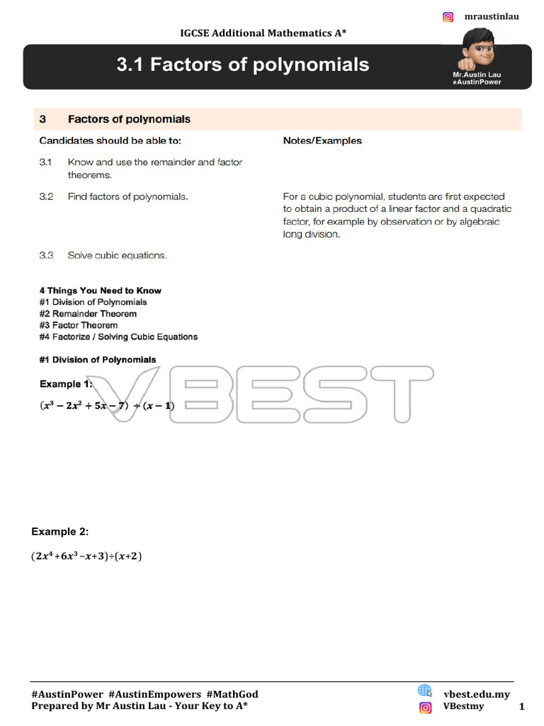IGCSE Additional Math: Polynomial Factors | PDF | Mathematics | Science