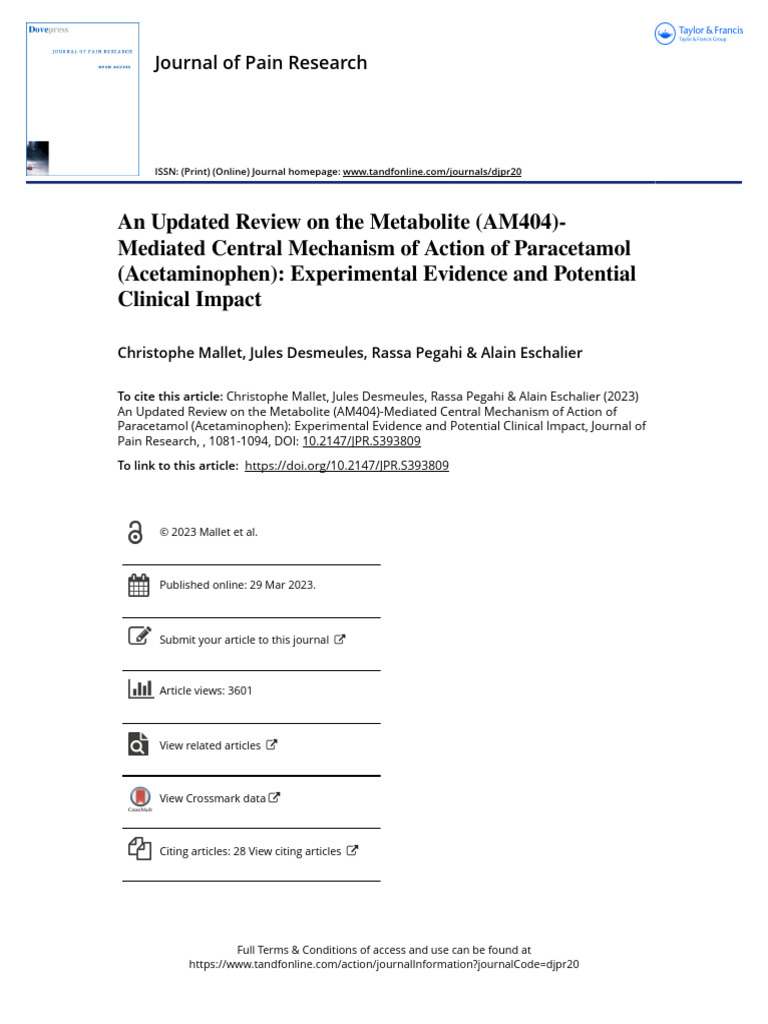 An Updated Review On The Metabolite AM404 - Mediated Central Mechanism ...
