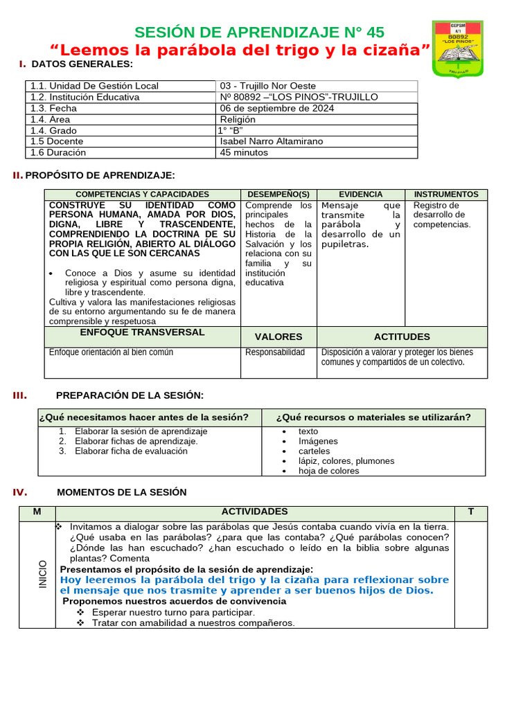 SESIÓN 45 El Trigo y La Cizaña | PDF | Parábolas de Jesús | Aprendizaje