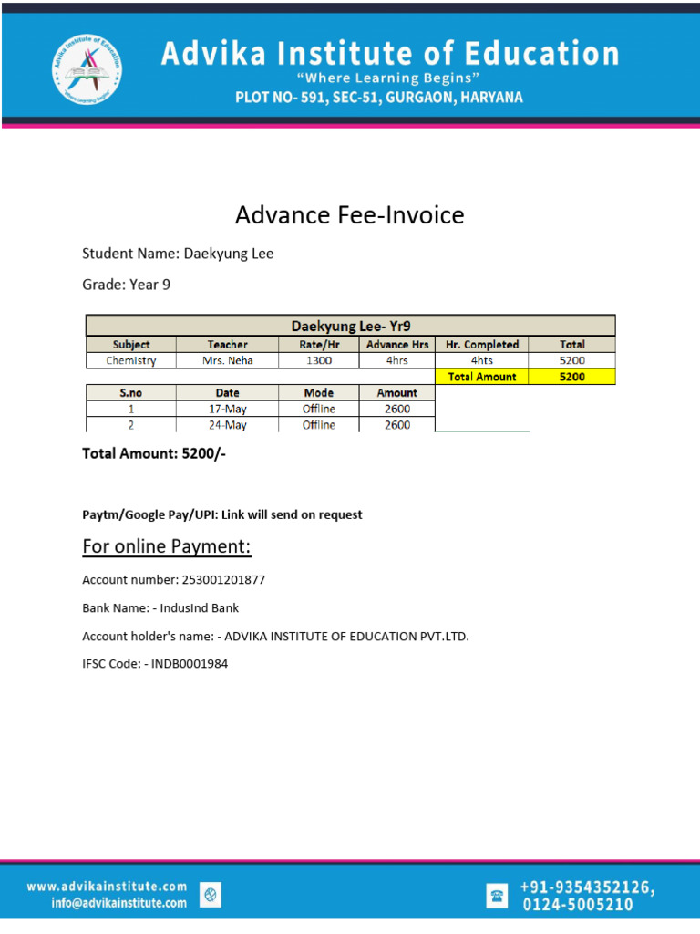 Advance Fee Invoice for Year 9 Student | PDF