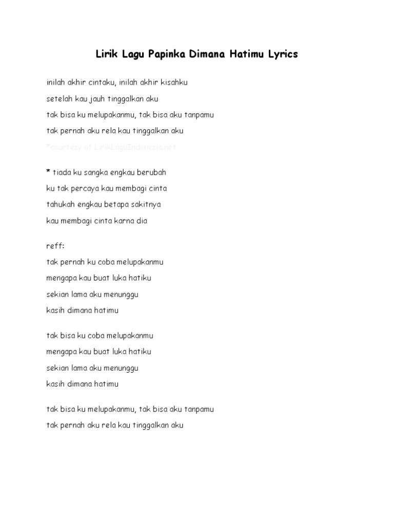 Lirik Lagu Papinka Dimana Hatimu Lyrics