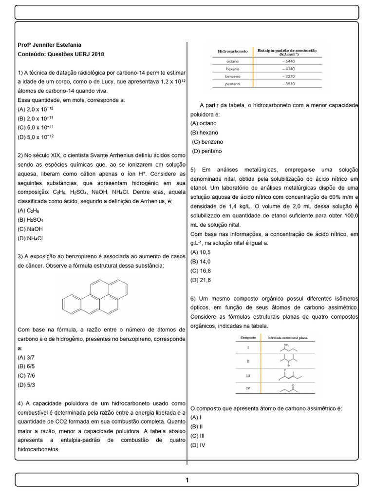 Questões UERJ Impacto 2018 | PDF | Combustão | Química