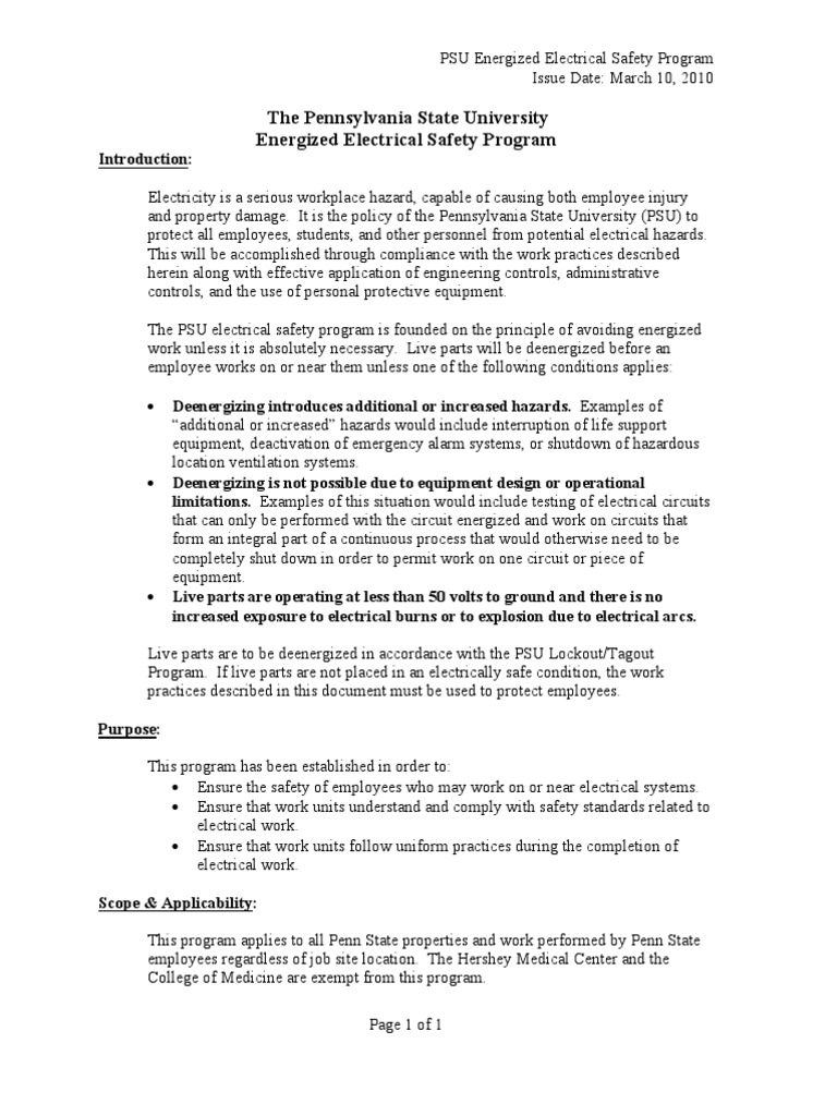 PSU Energized Electrical Safety Program PDF Personal Protective