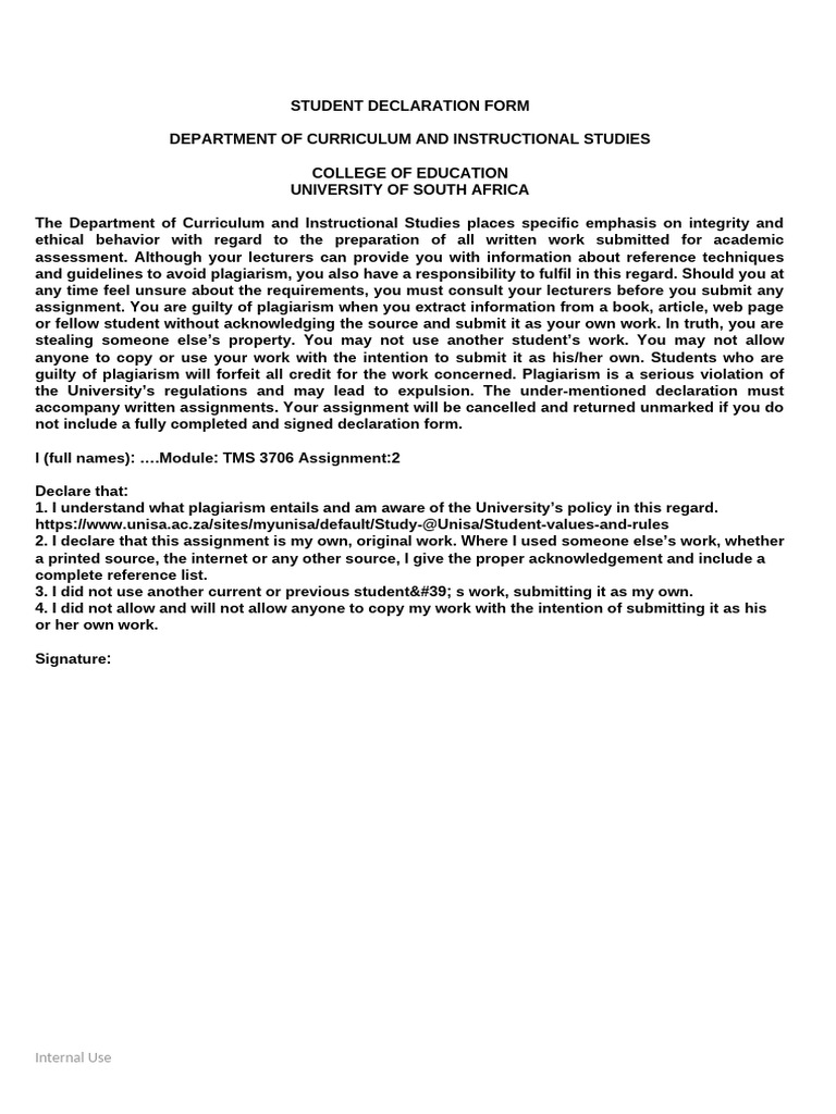 Student Declaration for Plagiarism Awareness | PDF | Plagiarism ...