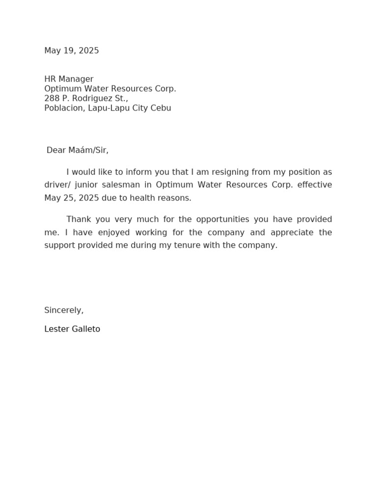 Resignation Letter from Driver/Salesman | PDF