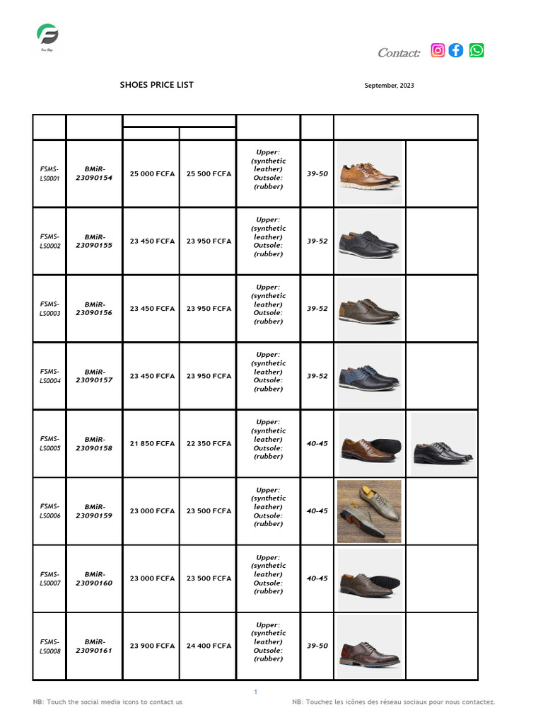 Men's Shoes Price List - September 2023 | PDF | Shoe | Human Appearance