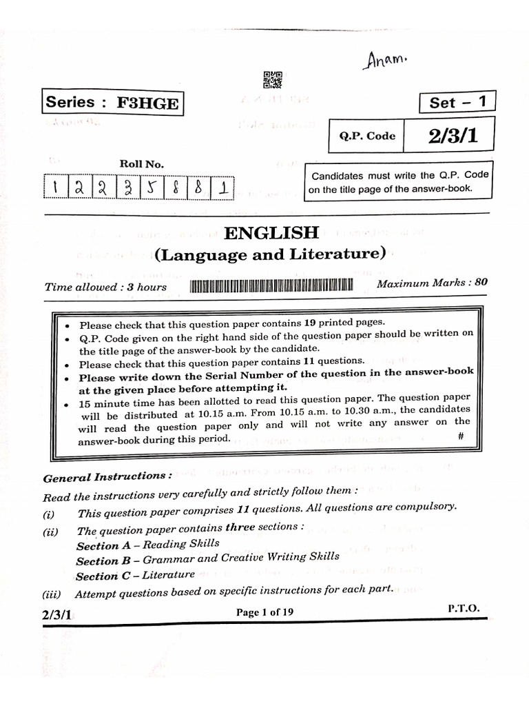 English Board Exam 2025 Class 10 Set 1 Pdf