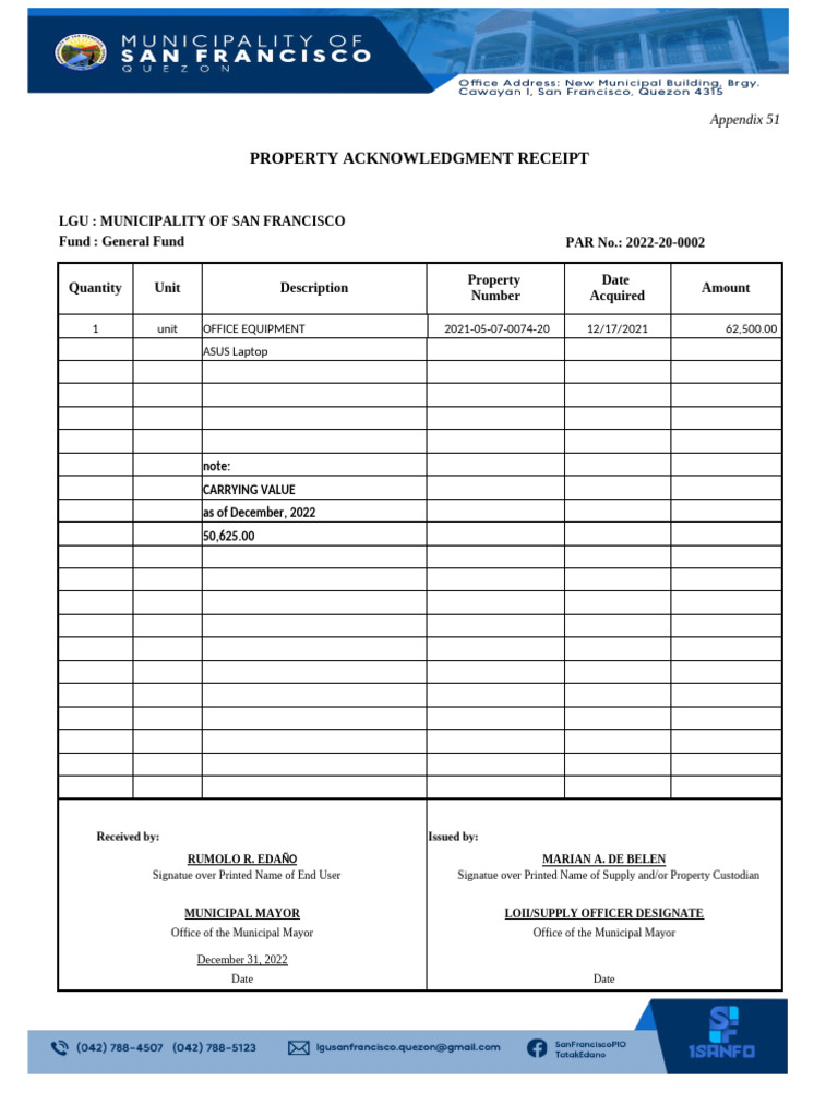 Property Acknowledgment Receipt - San Francisco | PDF