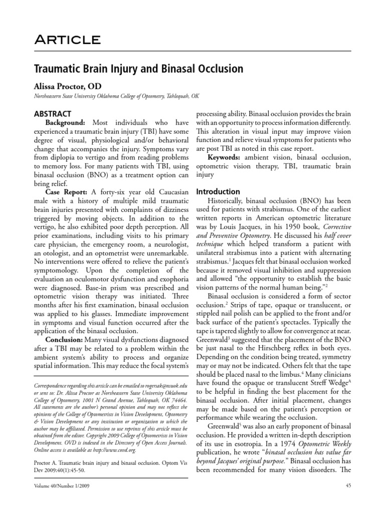 Binasal Occlusion for TBI Relief | PDF | Traumatic Brain Injury | Optometry