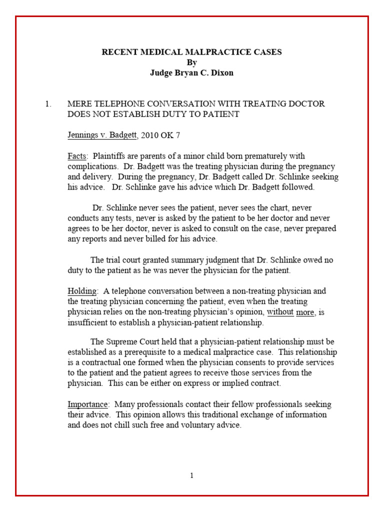 Recent Medical Malpractice Cases Overview | PDF | Negligence | Common Law