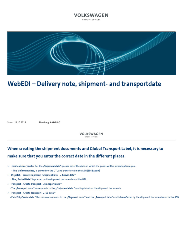 Explanation WebEDI Delivery Note Shipment - and Transportdate | PDF
