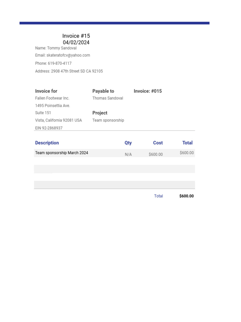 Invoice #15 for Team Sponsorship | PDF