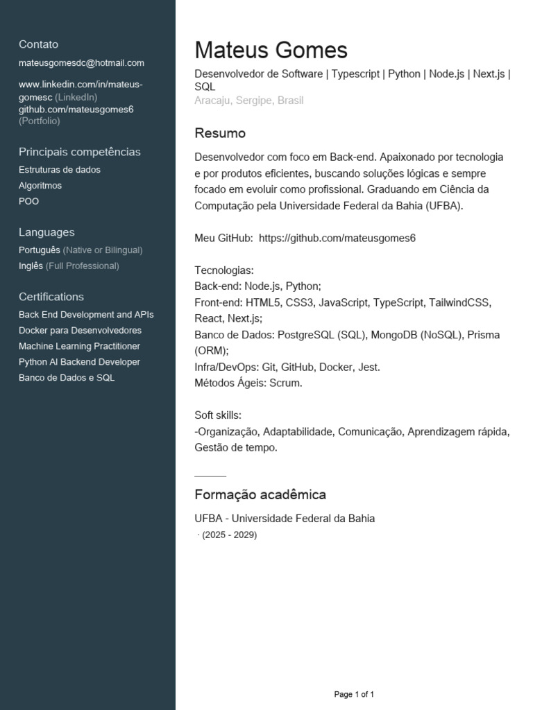 Portfólio de Mateus Gomes - Desenvolvedor Back-end | PDF