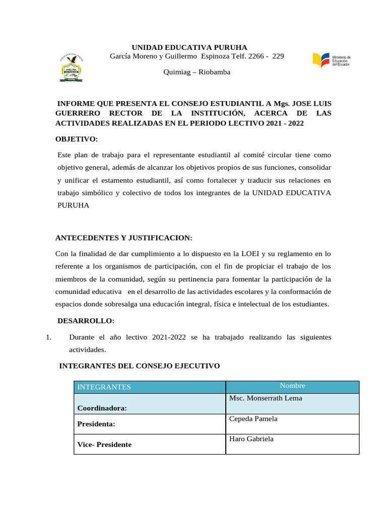 Informe de Actividades Consejo Estudiantil 2021-2022 | PDF