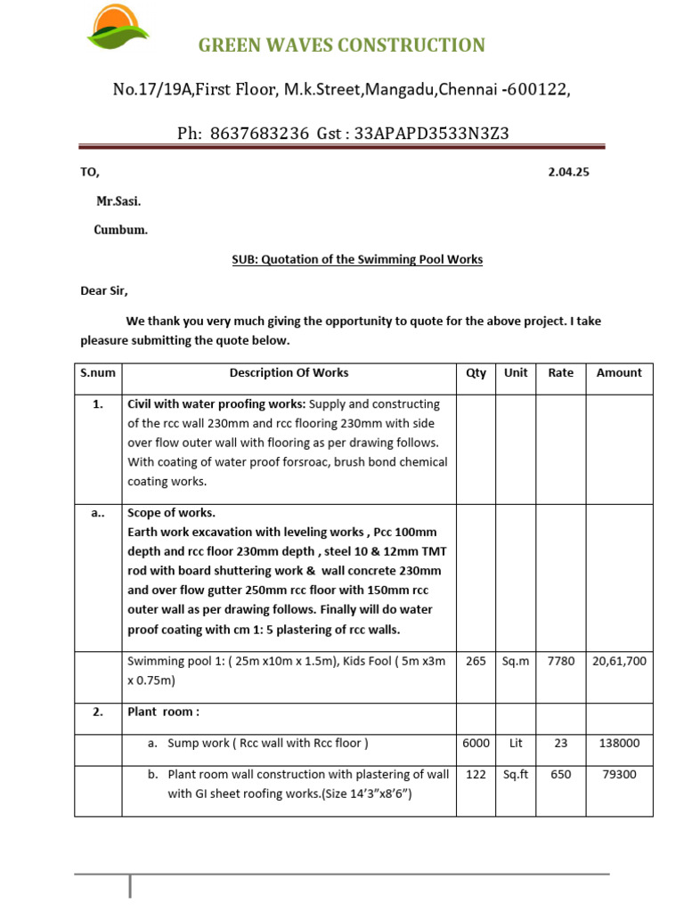 Swimming Pool Construction Quotation | PDF | Civil Engineering ...