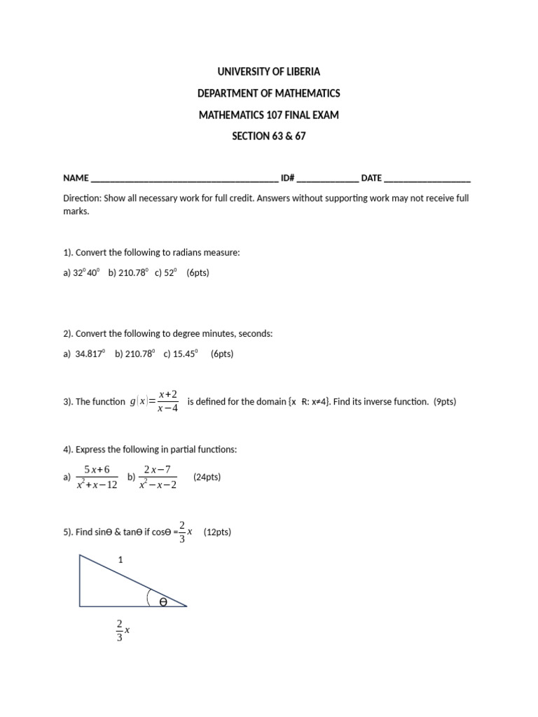 Math 107 Final Exam Instructions | PDF