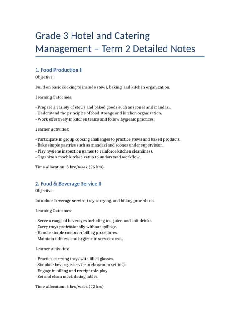 Grade 3 Hotel Management Term 2 Notes | PDF | Restaurants | Kitchen