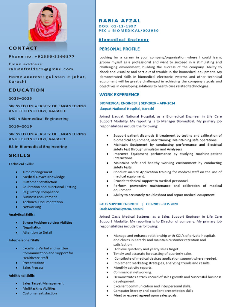 Biomedical Engineer Profile and Skills | PDF | Medical Device | Radiology