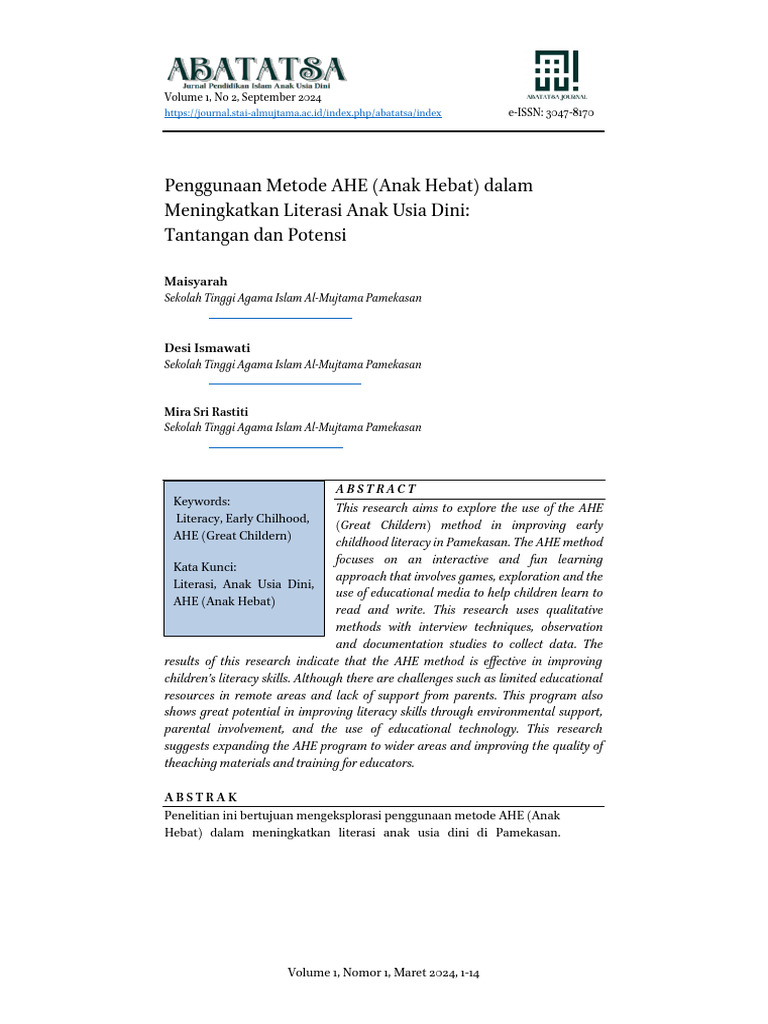Metode AHE untuk Literasi Anak Usia Dini | PDF