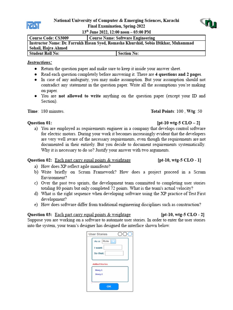 Software Engineering Exam Paper - CS3009 | PDF | User Interface Design ...