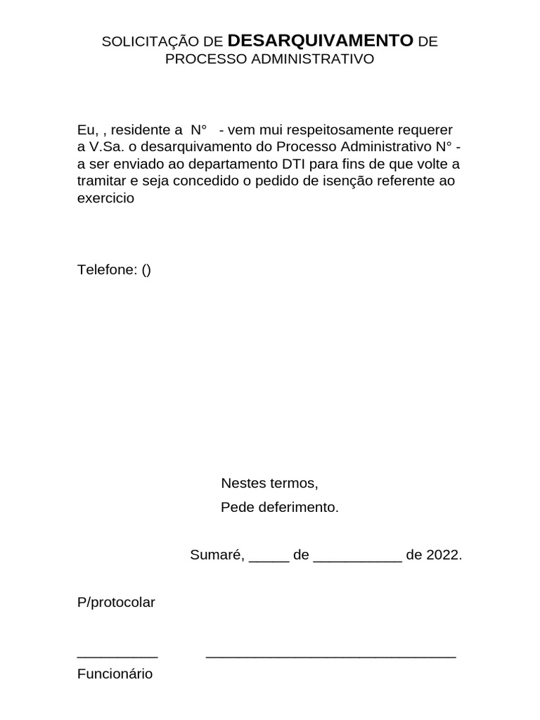 Solicitação de Desarquivamento de Processo Administrativo | PDF