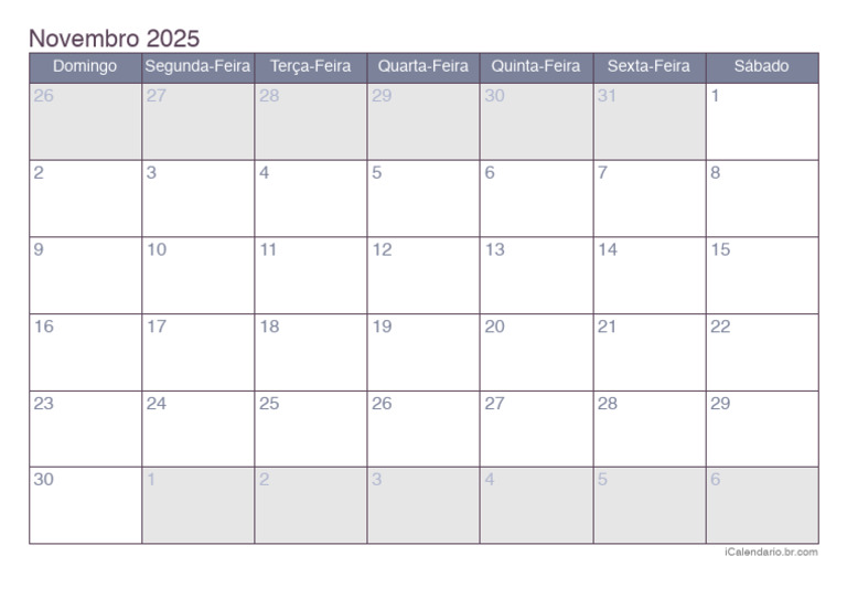 Calendário Novembro 2025 para Imprimir | PDF