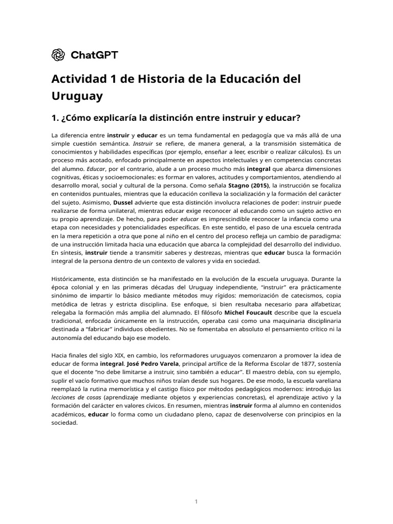 Instruir vs Educar en la Historia Uruguaya | PDF | Escuelas | Enseñando