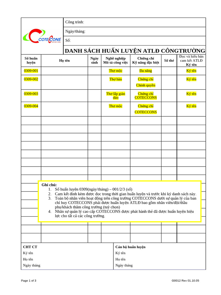 G0012-Danh Sach Huan Luyen ATLD - Camket | PDF