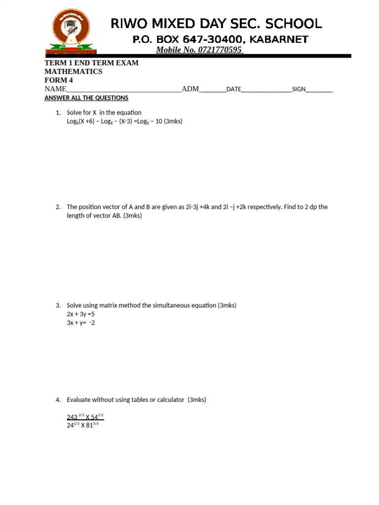 Form 4 Mathematics Exam Questions | PDF