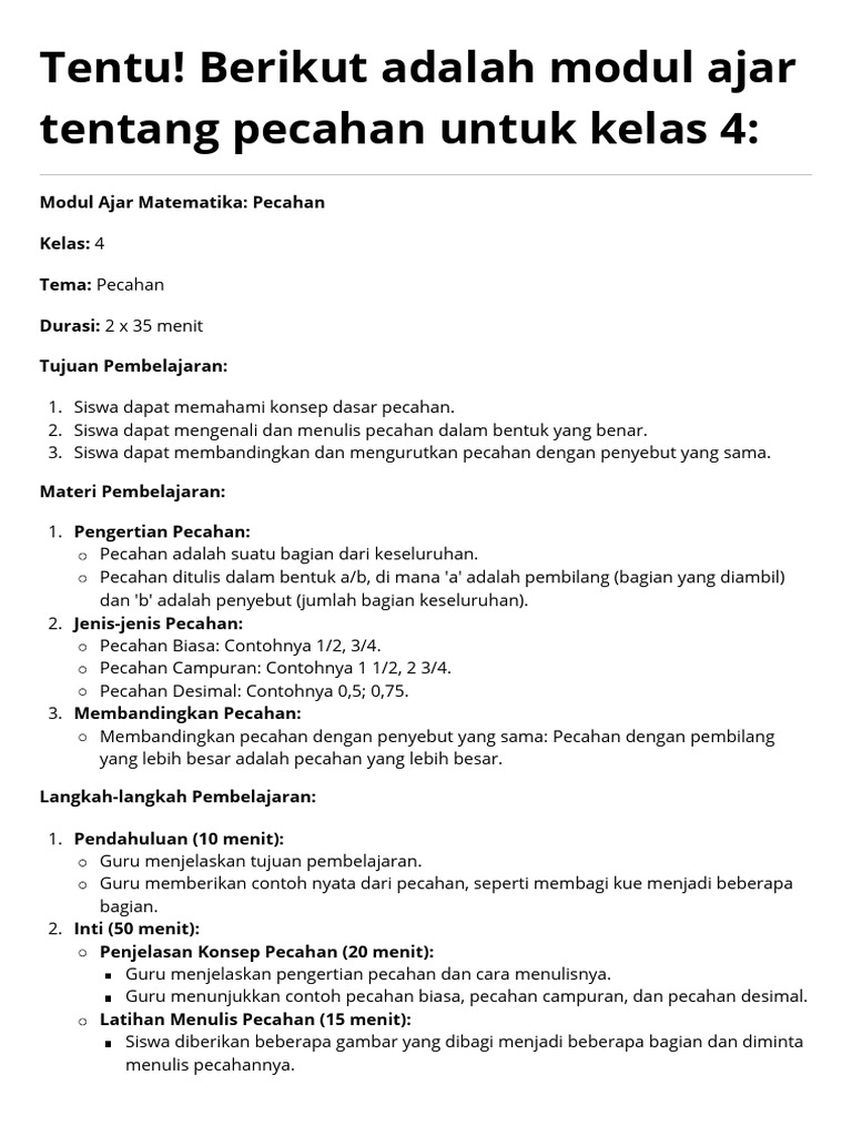 Modul Ajar Pecahan Kelas 4 Matematika | PDF