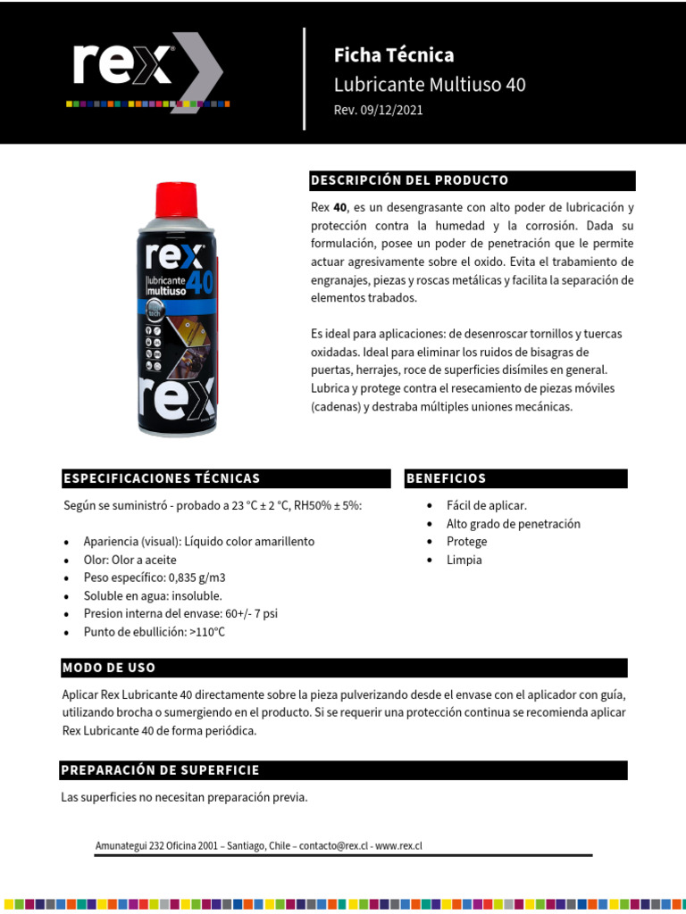 Ficha Tecnica Lubricante Multiuso 40 | PDF | Lubricante | Materiales