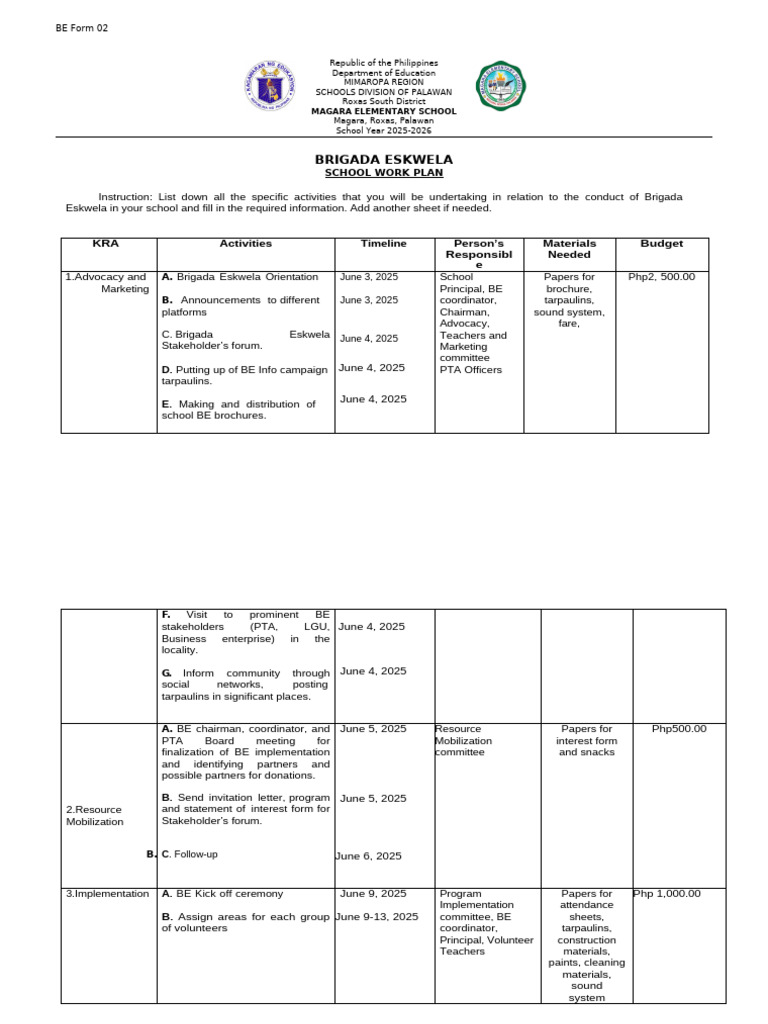 Brigada Eskwela Work Plan 2025-2026 | PDF