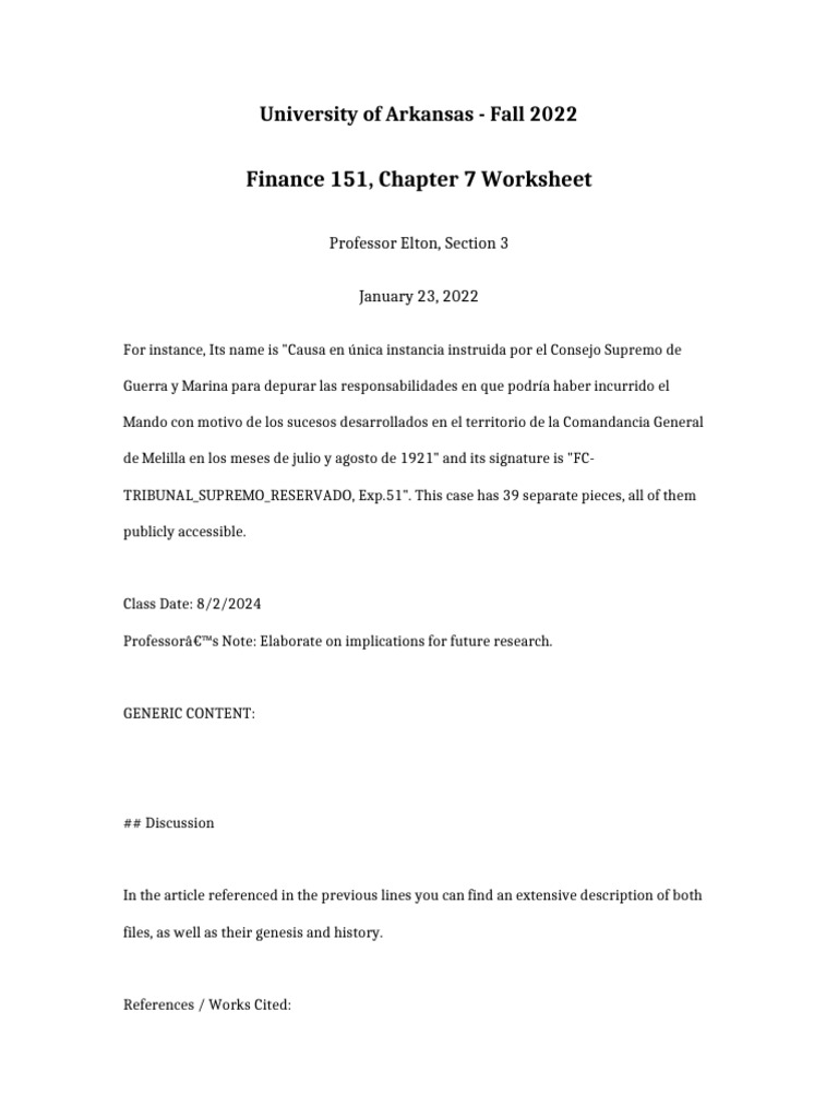 Finance 151 Chapter 7 Worksheet | PDF