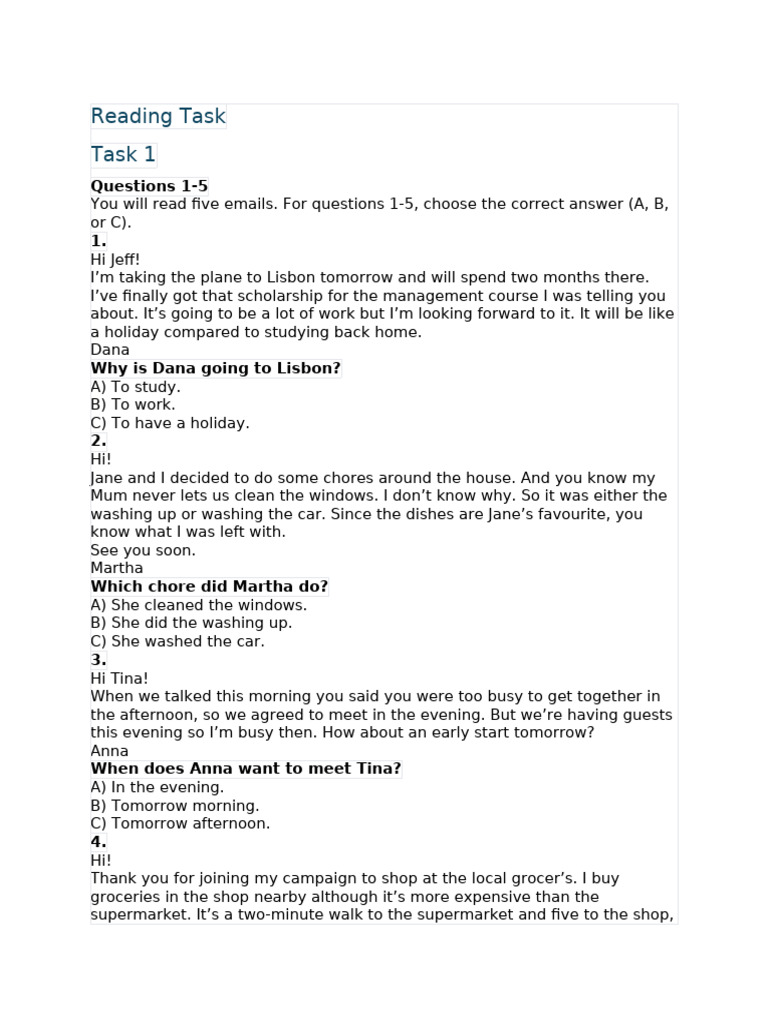 Email Reading Comprehension Tasks | PDF