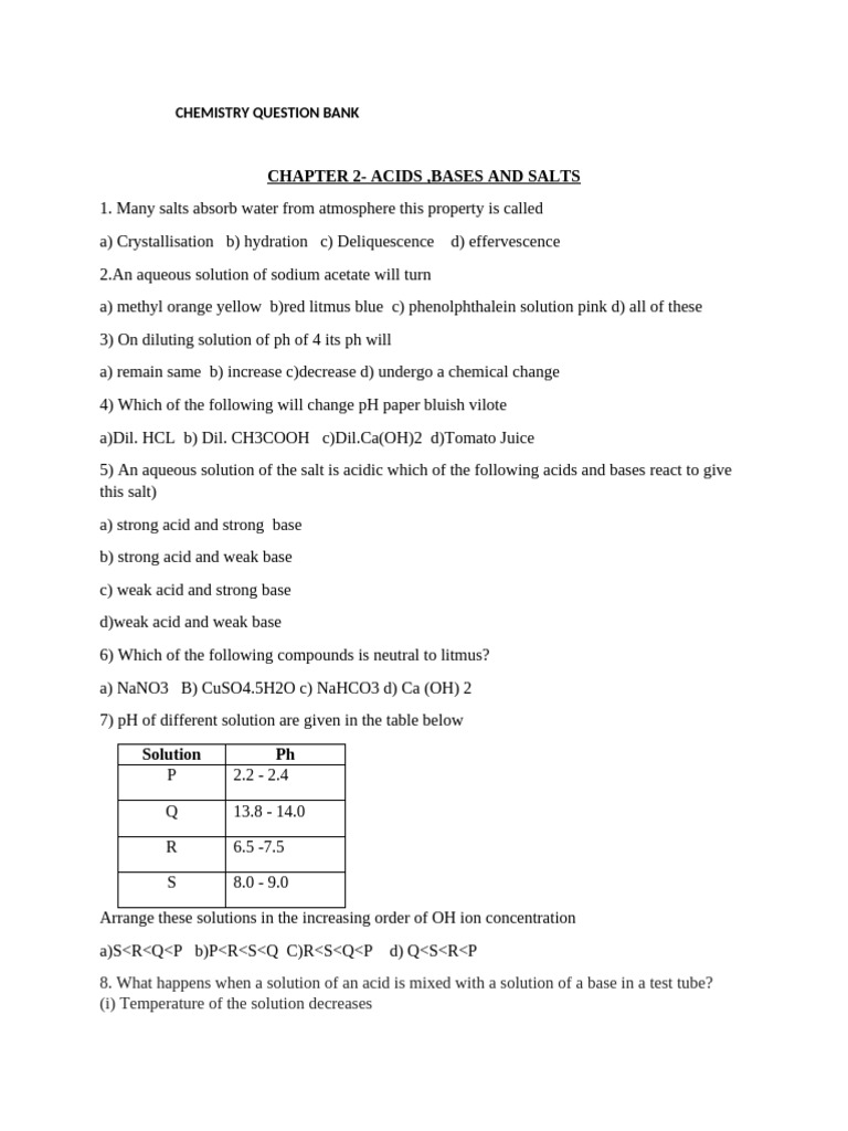 Chemistry Question Bank: Acids, Bases & Salts | PDF | Acid | Ph