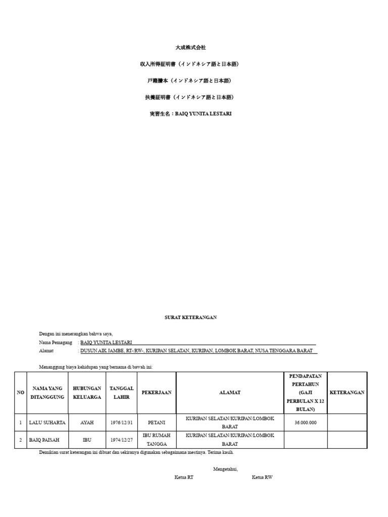 Surat Keterangan Penghasilan BAIQ YUNITA | PDF