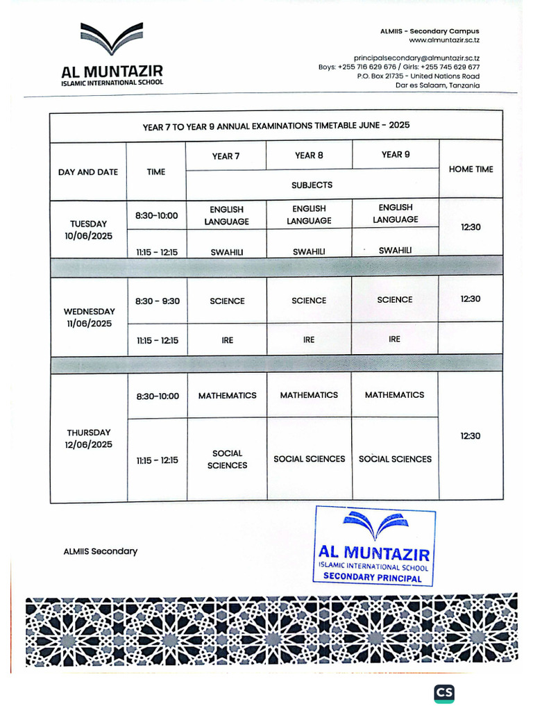 Annual Examination Timetable Year 7 To Year 9 - 2025 | PDF