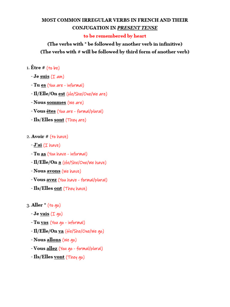 Common French Irregular Verbs Guide | PDF | Grammar | Language Families
