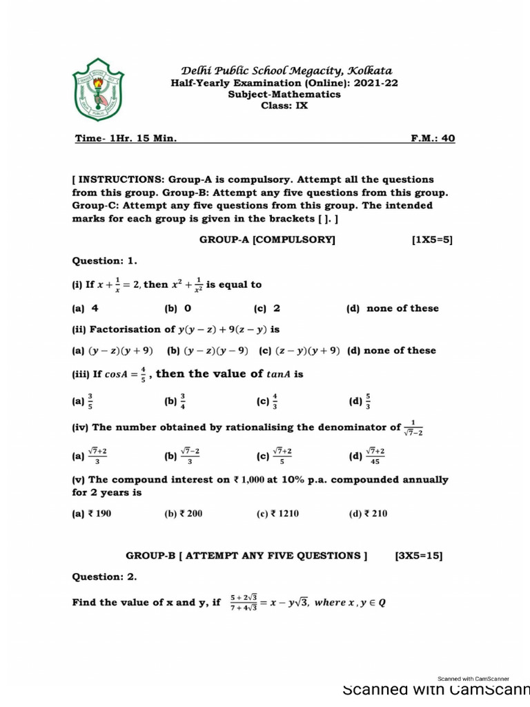 CL IX - Mathematics - H Y 2021-22 | PDF