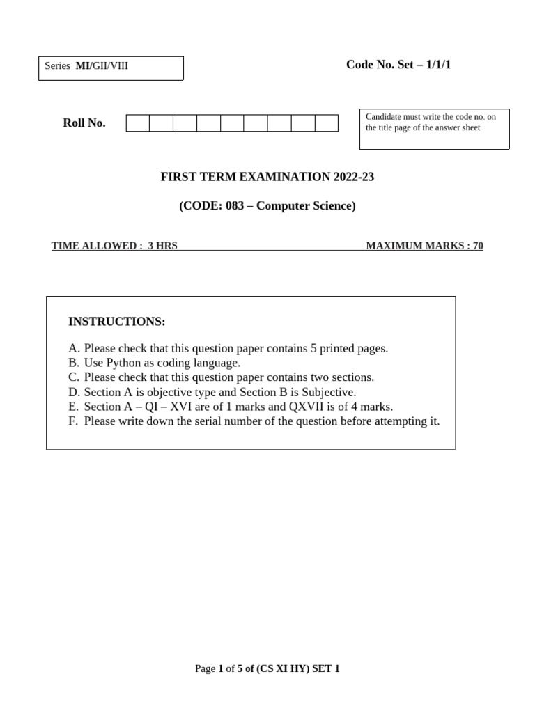 Computer Science Mock-1 | PDF | Python (Programming Language ...
