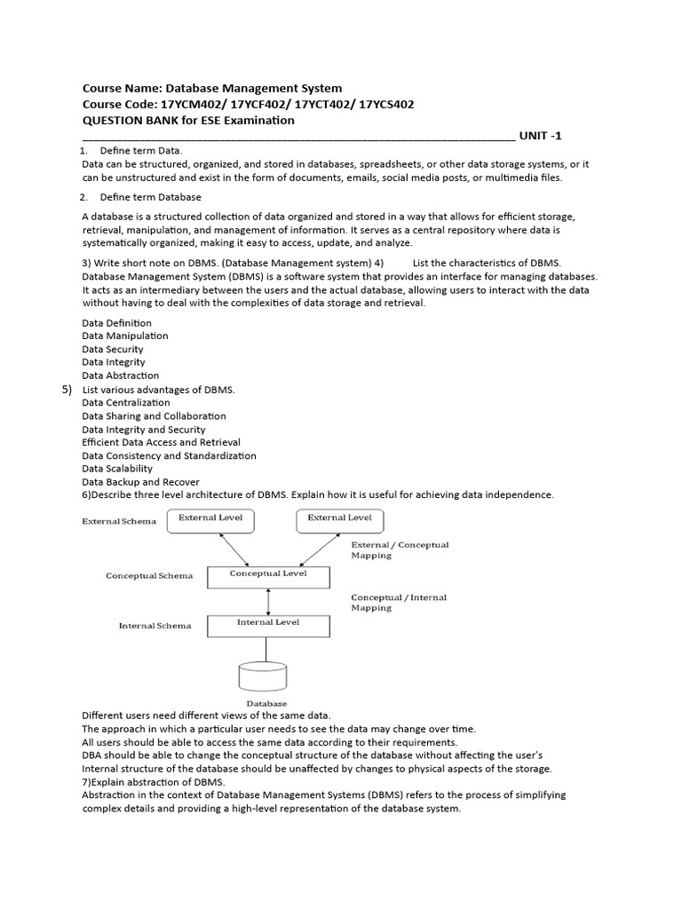 Database Management System Question Bank | PDF | Relational Database ...