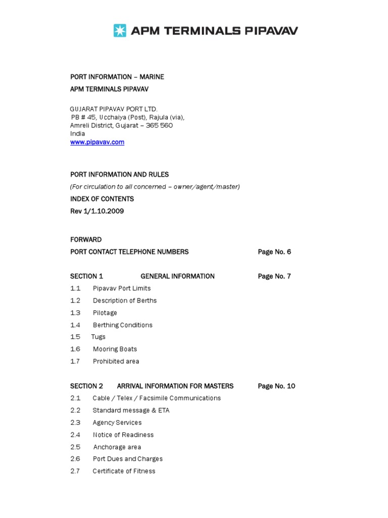 Pipavav Port Operations Guide | PDF | Maritime Pilot | Ships